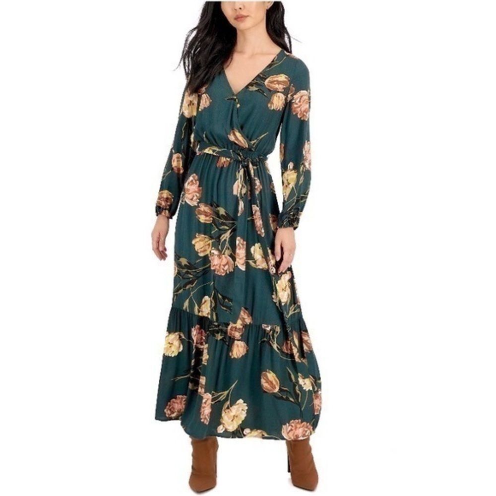Women's XS NWT Green Long Sleeve Floral Boho V Neck Peasant Maxi Dress Petite